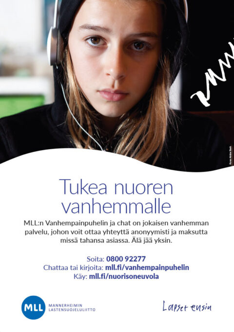Juliste jossa nuoren kuva ja vanhempainpuhelimen ja chatin yhteystiedot