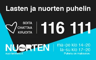 Tarra jossa Lasten ja nuorten puhelimen numero ja aukioloajat.